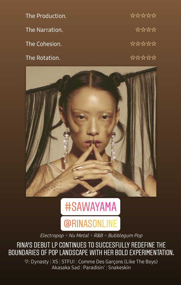 KevinTan05's tweet photo. @rinasawayama's debut LP continues to successfully redefine the boundaries of Pop landscape with her bold experimentation. #SAWAYAMA #STREAMSAWAYAMA https://t.co/UUILzO2PrN