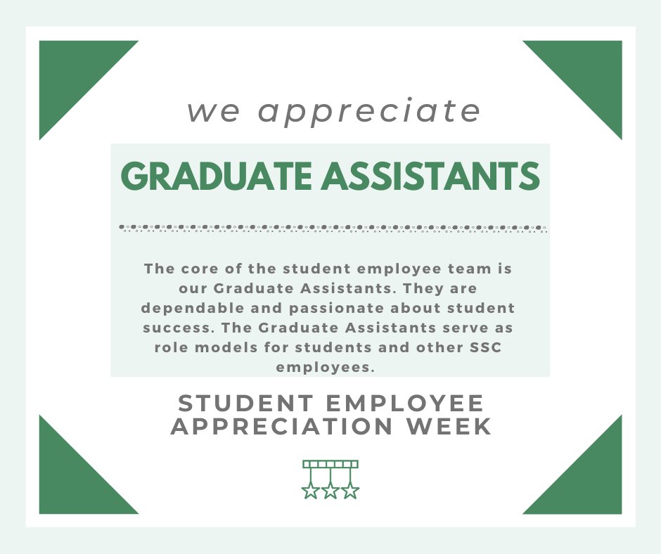 Our last group of student employees that we want to recognize is our Graduate Assistants. They are great assets to the Student Success Center and we are lucky to have them! #StudentEmployeeAppreciationWeek
