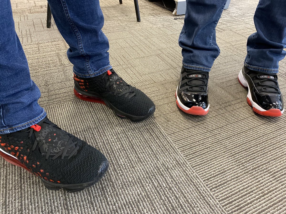 Bringing the “bred” heat! #Kicksattwork #POWerspiritdays #LAGoat #Fire 🔥 @jonathan_kirwin <a href="/Matt__Rash/">Matt Rash</a>