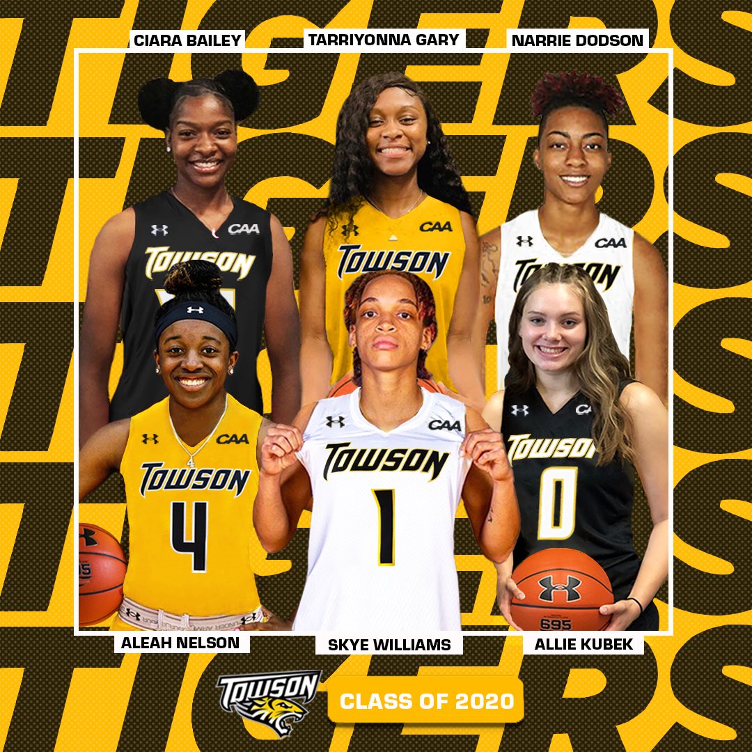 Towson Women's Basketball (@towson_wbb) on Twitter photo We are super excited to announce our 2020 recruiting class!
Skye, Aleah, Narrie, Allie, Ciara and T-Mac, welcome to <a href="/TowsonU/">Towson University</a>!
Watch them hoop at 2 p.m. and then stay tuned for the <a href="/CAASports/">Coastal Athletic Association</a> replay of our 2019 title game at 3 p.m.!
#UnitedWeRoar | #TUproud 🐯🏀 We are super excited to announce our 2020 recruiting class!
Skye, Aleah, Narrie, Allie, Ciara and T-Mac, welcome to <a href="/TowsonU/">Towson University</a>!
Watch them hoop at 2 p.m. and then stay tuned for the <a href="/CAASports/">Coastal Athletic Association</a> replay of our 2019 title game at 3 p.m.!
#UnitedWeRoar | #TUproud 🐯🏀