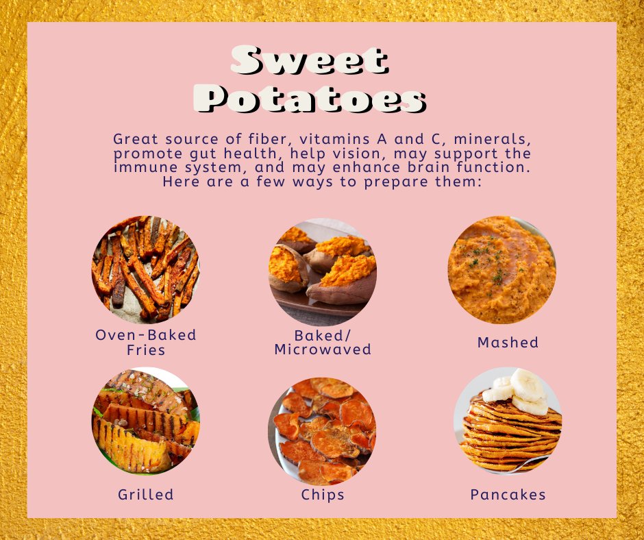 Sweet potatoes are very versatile, and packed full of nutrients! Here are some different ways you can prepare them.