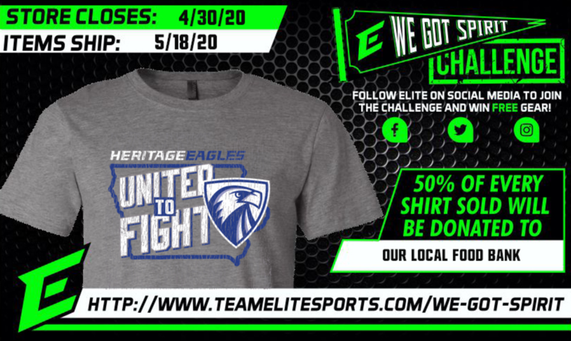 HeritageNL's tweet photo. We've teamed up with Elite Sports for the "We've Got Spirit" Challenge. Elite will donate 50% of the sales of all United to Fight COVID-19 shirt sales to local area food banks.  Let's come together and support our community and show our Eagle pride! #HCSRise https://t.co/GhZ3xE6ahS