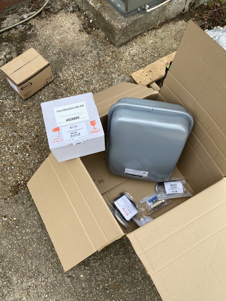 ElementsPlumb's tweet photo. Box of bits to install on this neglected #GrantUK boiler. Hoping the weather holds out #elementsplumb https://t.co/oclU2j8HKN