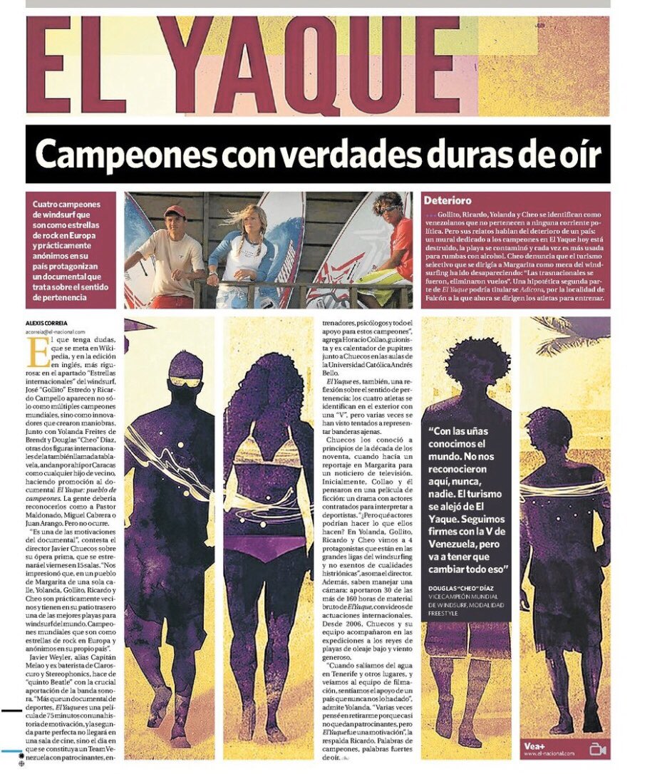 Así publicaba <a href="/ElNacionalWeb/">El Nacional</a> en la portada de Escenas el 6 de febrero del 2013 su reseña sobre El Yaque, Pueblo de campeones. Ahora la puedes ver en online y gratis haciendo clic en el link de nuestro perfil! #windsurf #windsurfing #pwaworldtour #elyaque
