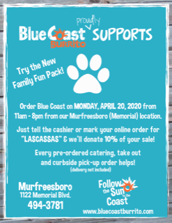 Blue Coast Spirit Day is Monday, April 20th. Be sure to tell them you are from Lascassas.