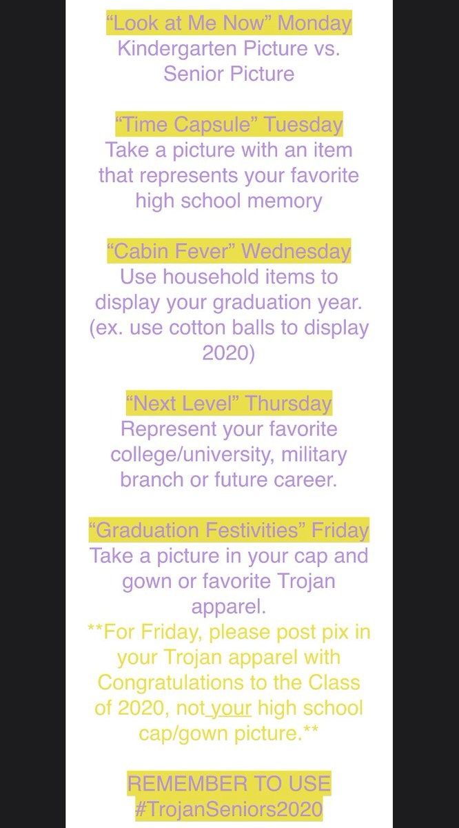 <a href="/Guidance_NHS/">NHS Trojans School Counseling Department</a> will be hosting “Senior Spirit Week” to celebrate the Class of 2020 the week of April 27th- May 1st, 2020.  Each day has a different theme &amp; seniors are asked to take pictures to post on social media with #TrojanSeniors2020. REMEMBER TO USE #TrojanSeniors2020
