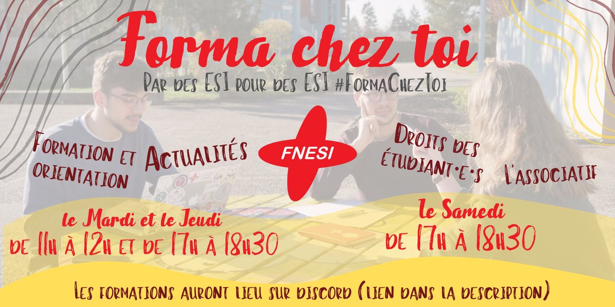 La_FNESI's tweet photo. #Formation | Rdv pour les #ESI et par des #ESI ! 💪

➡️Thématiques : #actualité #associatif #droits des étudiants, formation et l'#orientation
➡️1ère formation ce mardi 21 avril sur Discord : https://t.co/2i5tHe45Pg
➡️Des questions : formation@fnesi.org https://t.co/aYLd6gYH6v