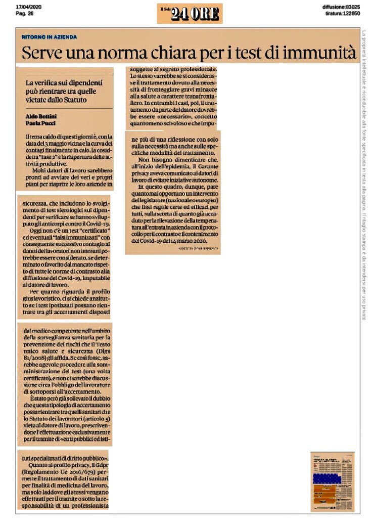 Siamo pronti per i test di immunità in azienda? Sul ⁦<a href="/sole24ore/">IlSole24ORE</a>⁩ di oggi