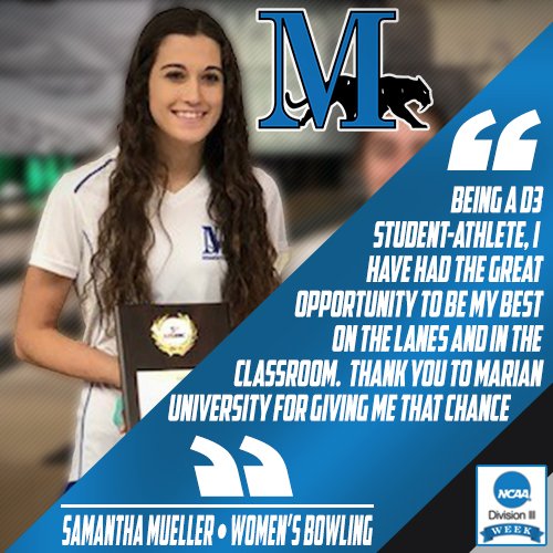 Marian University Sabres (@musabres) on Twitter photo A recent all-conference selection, hear from senior Samantha Mueller of <a href="/MarianUBowling/">Marian University Bowling</a> on her <a href="/NCAADIII/">NCAA Division III</a> experience! #FightBlueFight A recent all-conference selection, hear from senior Samantha Mueller of <a href="/MarianUBowling/">Marian University Bowling</a> on her <a href="/NCAADIII/">NCAA Division III</a> experience! #FightBlueFight