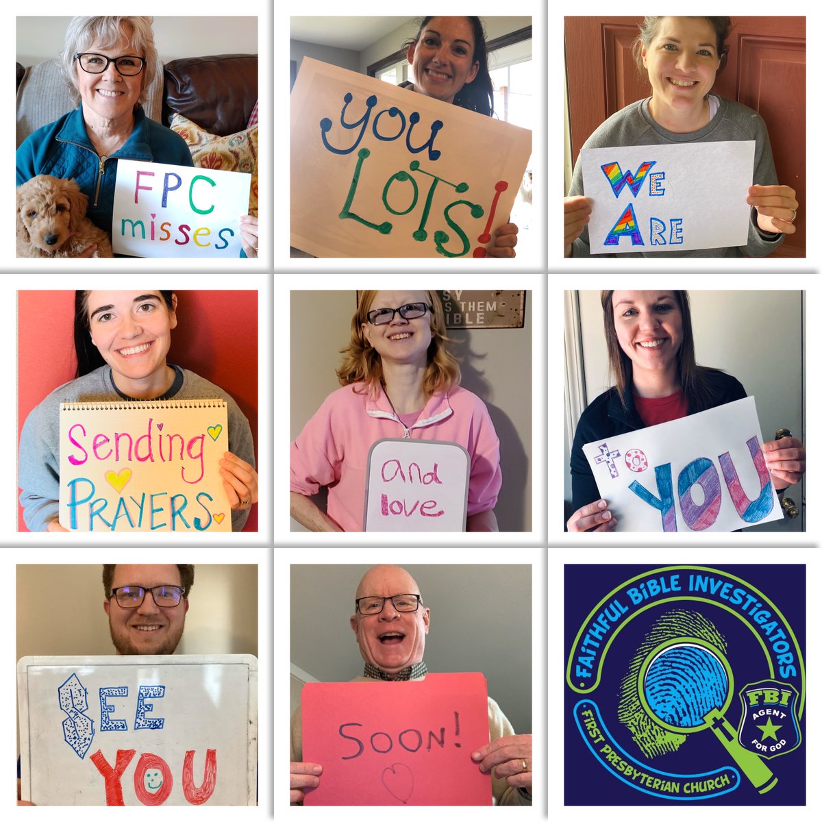 FPCsalina's tweet photo. To our FPC family and friends, the children’s ministry staff would like you to know that they are praying for you! We miss you all and will see you again soon! https://t.co/JZA96rmp9C