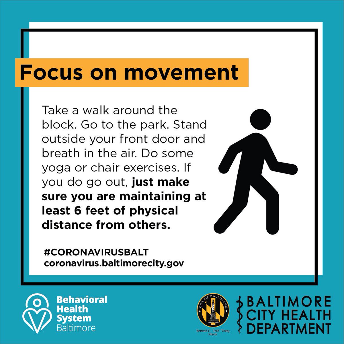 BaltCityHall's tweet photo. We are all in this together, even at a distance. Focusing on movement and reaching out for support are a few additional tips to help support your emotional health during these challenging times. #coronavirusbalt https://t.co/m7UDbSX6YF
