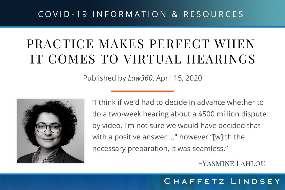 Major arbitration institutions are adapting to the new era of holding video hearings. Peter Chaffetz and Yasmine Lahlou share their recent experience handling a high-stakes dispute hearing that was disrupted by the COVID-19 shutdowns with Law360.
 
Link: ow.ly/Donf50zhaIZ