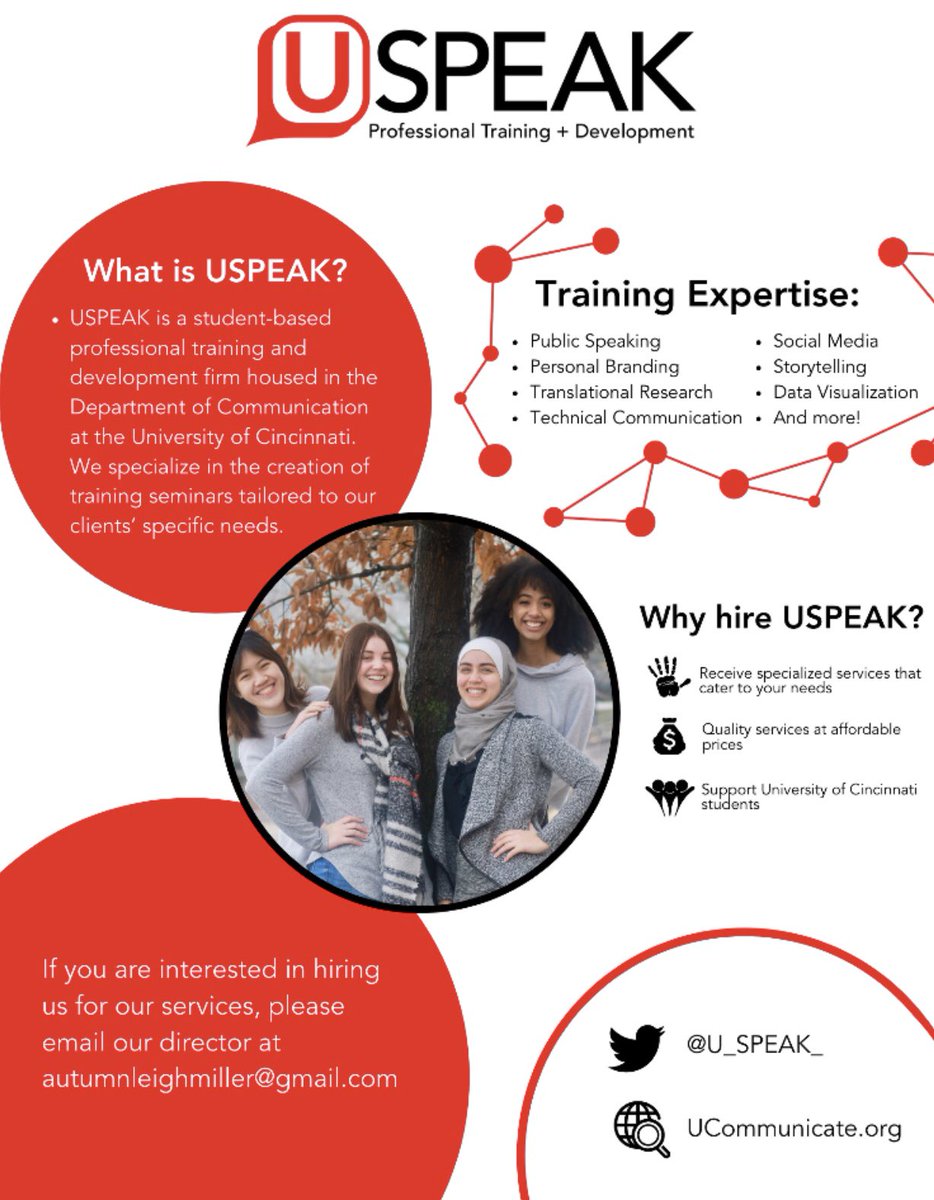 Why hire us? We’re a student based professional training &amp; development firm that excels in personal branding, public speaking, and much more. We work with our clients to deliver services tailored directly to your needs at affordable prices. Contact our director for more info 👇✨
