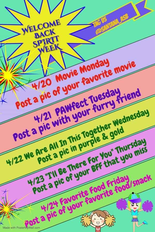 Just because we're not on campus, doesn't mean we are not a school! Next week is spirit week! If you are on Instagram or Twitter please post your pics and tag us!