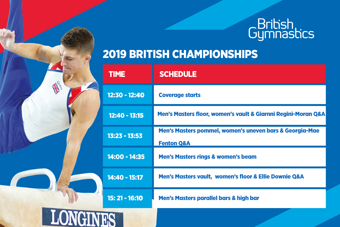 BritGymnastics's tweet photo. We will be streaming the senior apparatus final from the 2019 British Championships this Sunday from 12:30pm.  

@GeorgiaMaeFent, @GiarnniM and @elliedownie will be joining us in a live chat, so get your questions ready for Sunday! 

Check out the timetable of the day below 👇 https://t.co/RFlWgy4zGz
