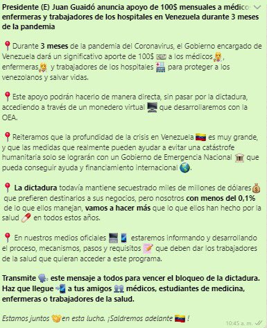 jguaido's tweet photo. La información es poder y por eso debes tenerla a la mano.

Enviamos una cadena de whatsapp sobre nuestro #ApoyoParaLaSalud, certificada por esta vía, para vencer la censura de la dictadura.

Circúlala junto al video. Velo completo y déjanos tus comentarios en redes oficiales. https://t.co/zNjCwp8vlF