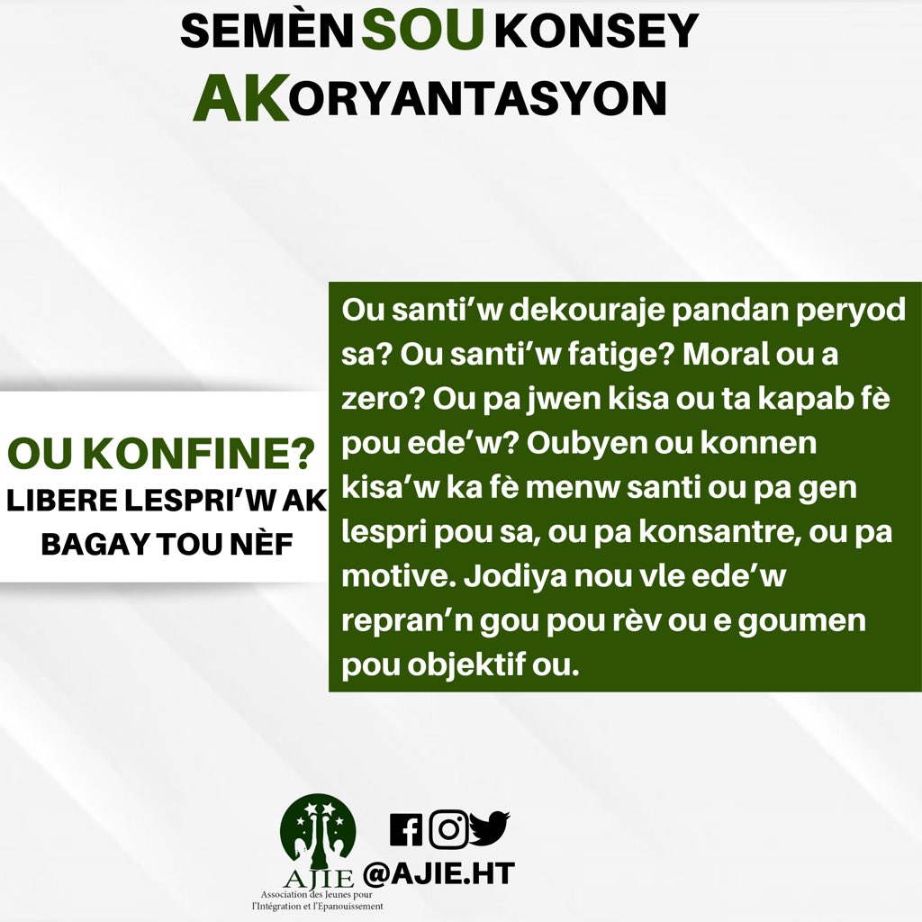 AJIEHAITI's tweet photo. 1:https://t.co/FZS1L4sKe9

2:https://t.co/sswf6uijfj

3:https://t.co/0kELPUOngw

4:https://t.co/aorZdT02Vu

*Lè’w anvi bay vag, pa janm bliye si’w pa goumen pou sa’w vle, pèsonn p’ap fè’l pou ou. *

Bon lajounen👍🏻
#AJIEHT
#SemenSouKonseyAkOryantasyon
#PranYonTiTanPouOuAprann https://t.co/MeAYDukhuS