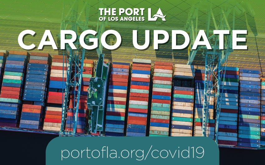 PortofLA's tweet photo. Cargo update (April 17, 2020): All #PortofLA terminals open and operating. Labor crews working on 7 container vessels, 2 liquid bulk vessels & 1 auto carrier. Q1 cargo volumes at about 80% of normal traffic. Also in port: USNS Mercy + 1 cruise ship restocking supplies. https://t.co/y1prZ5yr9p