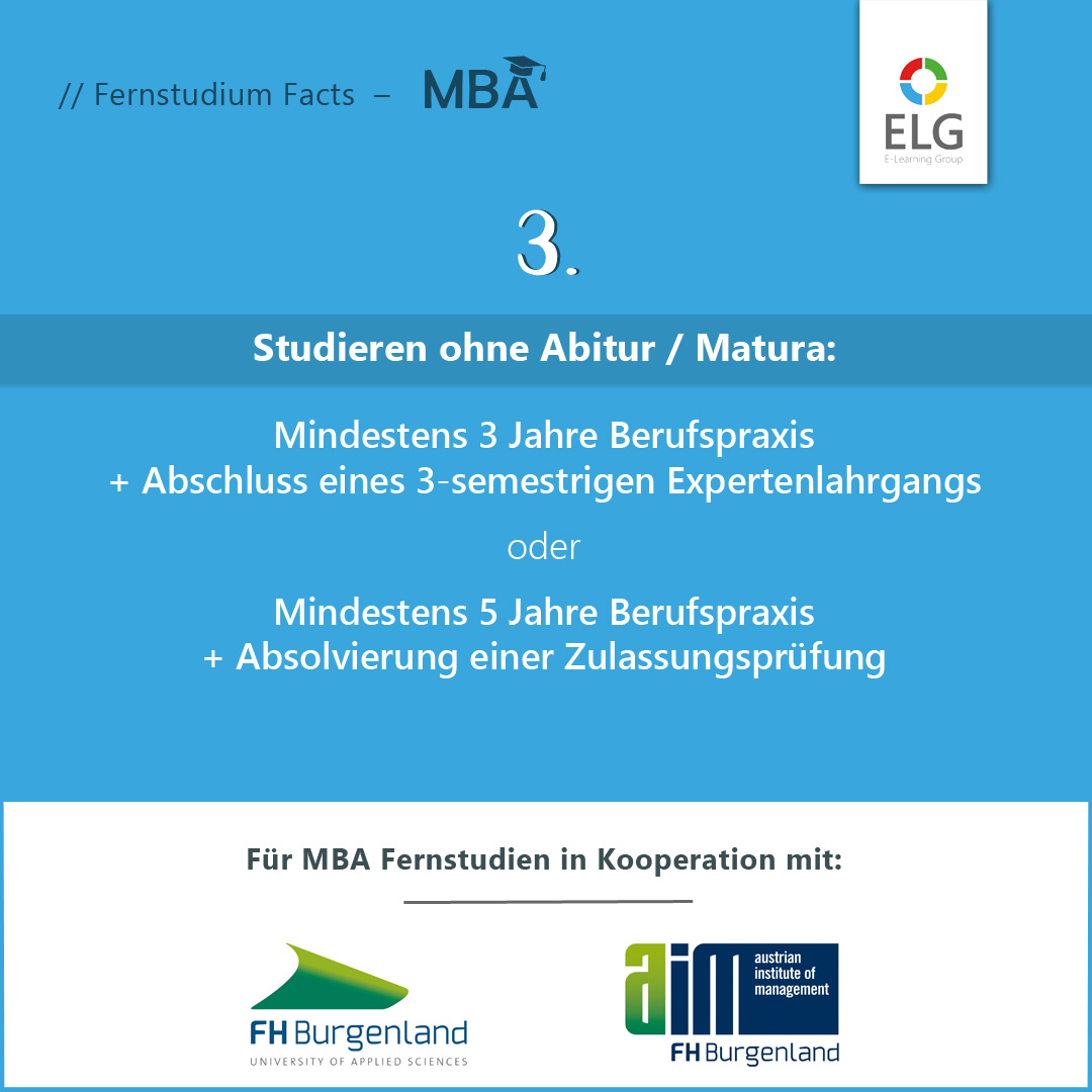 Welche Zulassungsvoraussetzungen für das MBA Fernstudium an der FH Burgenland bzw. der Fachhochschule des BFI Wien gibt es?
Die Antwort findest du auf den Bildern.

Du bist dir nicht sicher, ob du die Zulassungskriterien erfüllst? Nimm mit uns Kontakt auf: fernstudium.study/beratung/