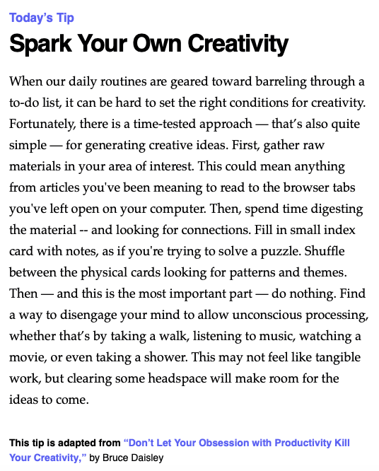 IanZiskin's tweet photo. "Find a way to disengage your mind to allow unconscious processing, ..."

#creativity #hr #leadership #productivity #HBR #managertip #executivecoach https://t.co/4gUcCaCThI