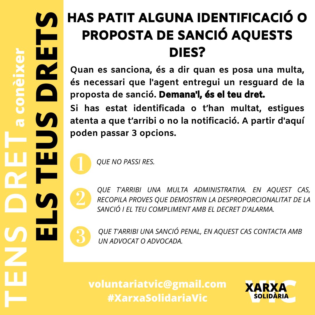 coVIC2020's tweet photo. Des de la Xarxa Solidària de #Vic us proporcionem una guia a seguir en el cas de que us trobeu amb una sanció per part dels cossos policials totalment desproporcionada. 

Recorda que: TENS DRET A CONÈIXER ELS TEUS DRETS. https://t.co/xa0nWIgCMS