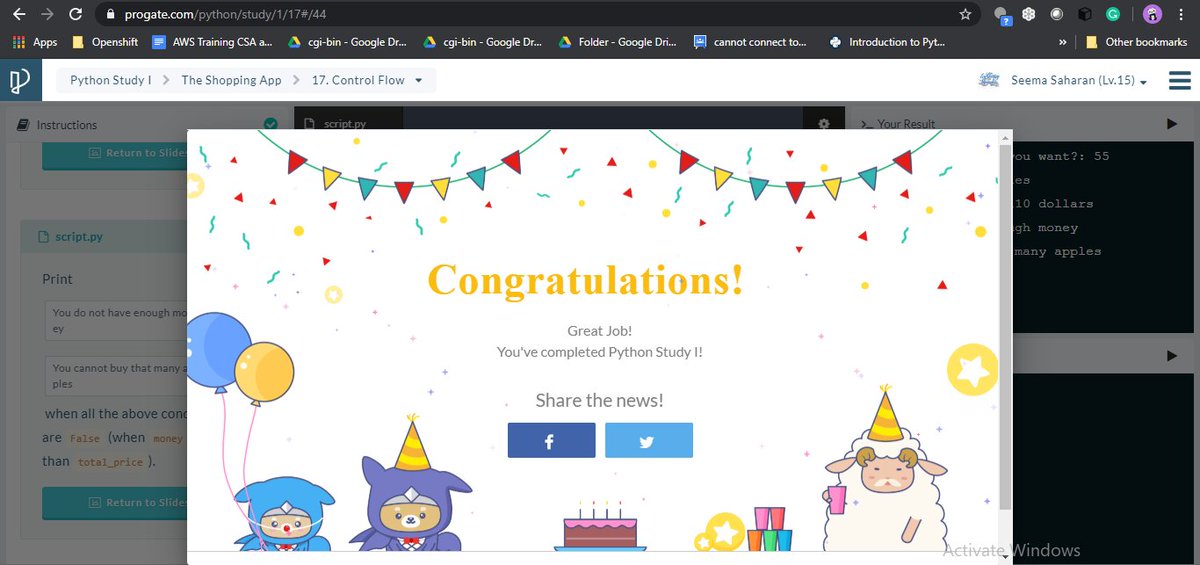 SeemaSaharan5's tweet image. Day 1 of #21DaysOfCode 
Completed Python I on @progateEN 

#Code2Success