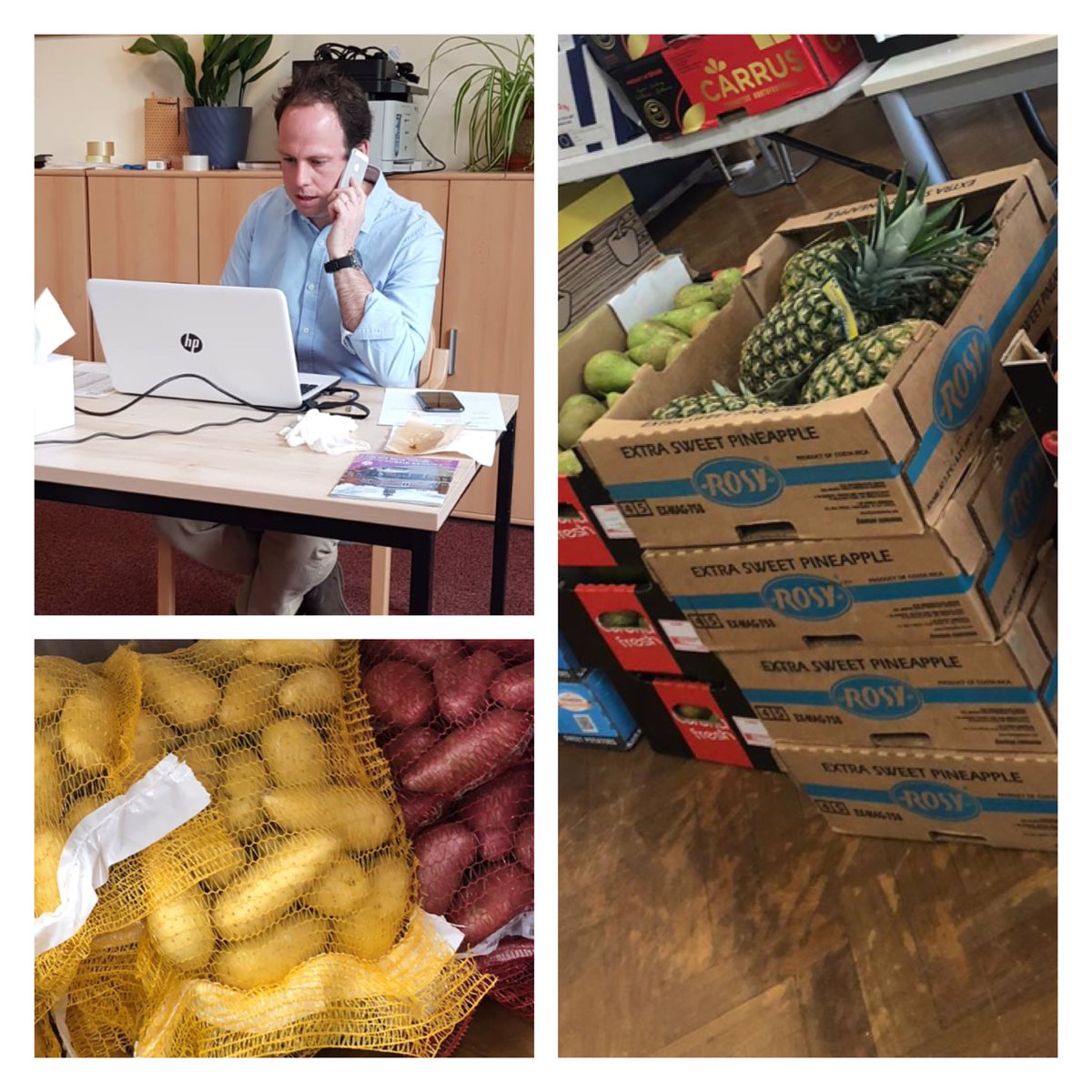 Princesris's tweet photo. Its #FridayFacts time! 
In a 4 days we have made 800 deliveries.  We have so far purchased:
🥕350 kg of Carrots
🍌 4,500 Bananas!
🥔 1.5 Tonnes of potatoes!
🥑 750 Avocados 
A big thanks to @gregsmith_uk who has helped today, answering phones, packing orders and delivering! https://t.co/wbiaj5i8K7