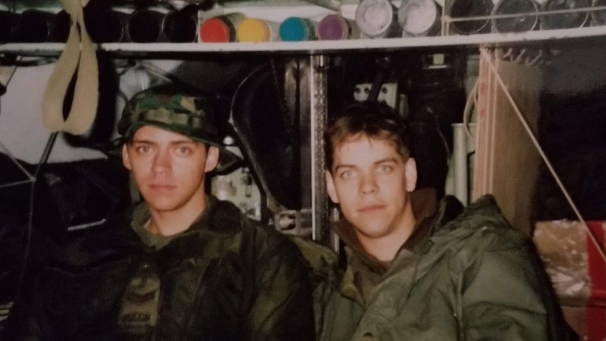 IanBradbury_'s tweet image. #MeAt20 

Somewhere in Bosnia.

Kicking it in the back of the 'boat' (AVGP) with a good fellow from the RHLI. 

Thought we were both hard and invincible back then. Life fixed those misconceptions.

Big love.

#BeingGreen #ODlife #Infantry #ProPatria #Oldie #WhereDidTimeGo