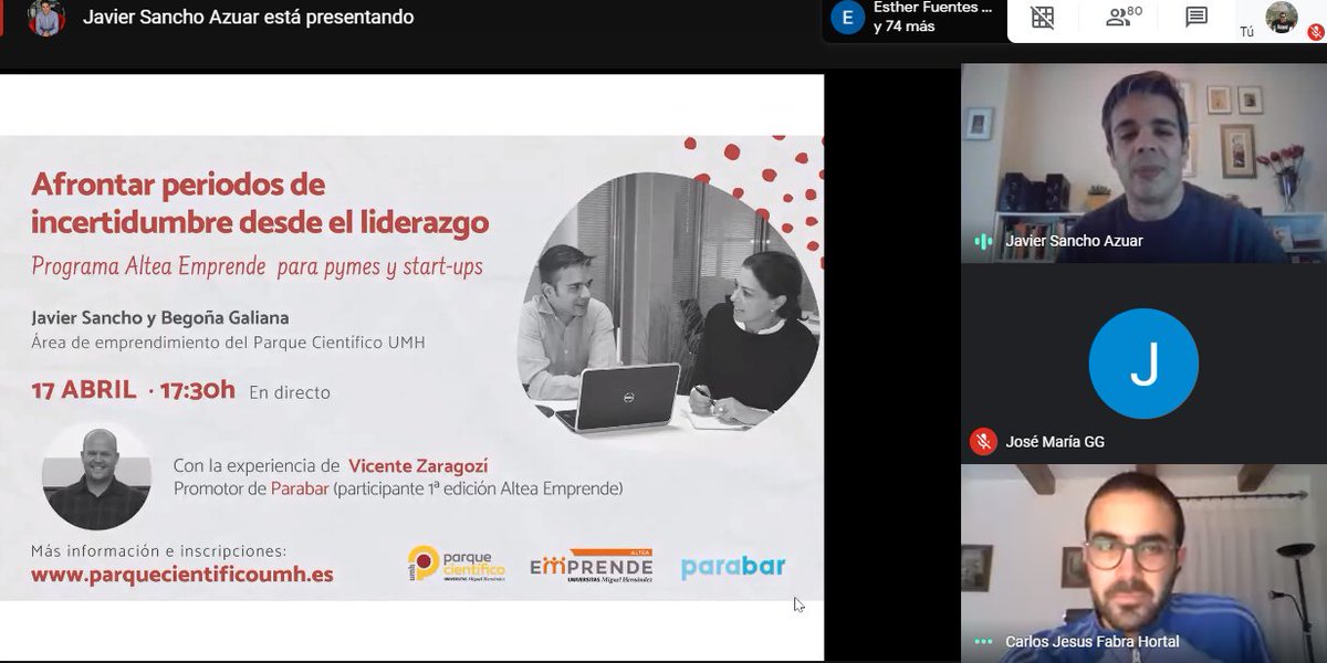 Gsanchezsoriano's tweet photo. Seguimos con la formación en el @PcientificoUMH con la jornada "como afrontar periodos de incertidumbre desde el liderazgo" con @Javi_Nau @bsgaliana y la experiencia de #Parabar https://t.co/2MejZNMCLb