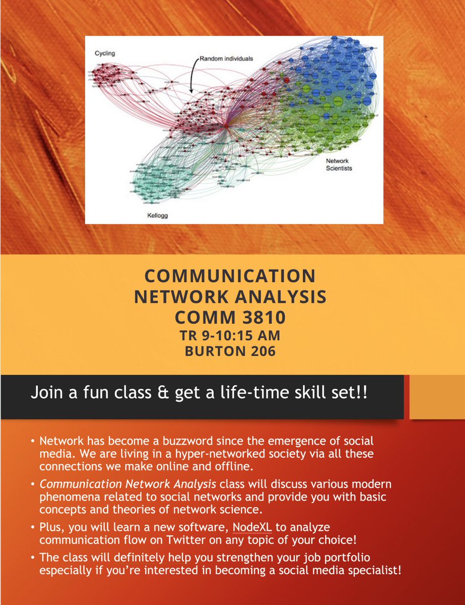 OU_CommDept's tweet photo. #oucommdept Undergrads may have overlooked this course when registering for Fall classes. It is a great opportunity to learn how people connect through communication to create networks of contacts in their personal, social and work life. Check with Dr Lee for more information. https://t.co/o8DbJajG3v