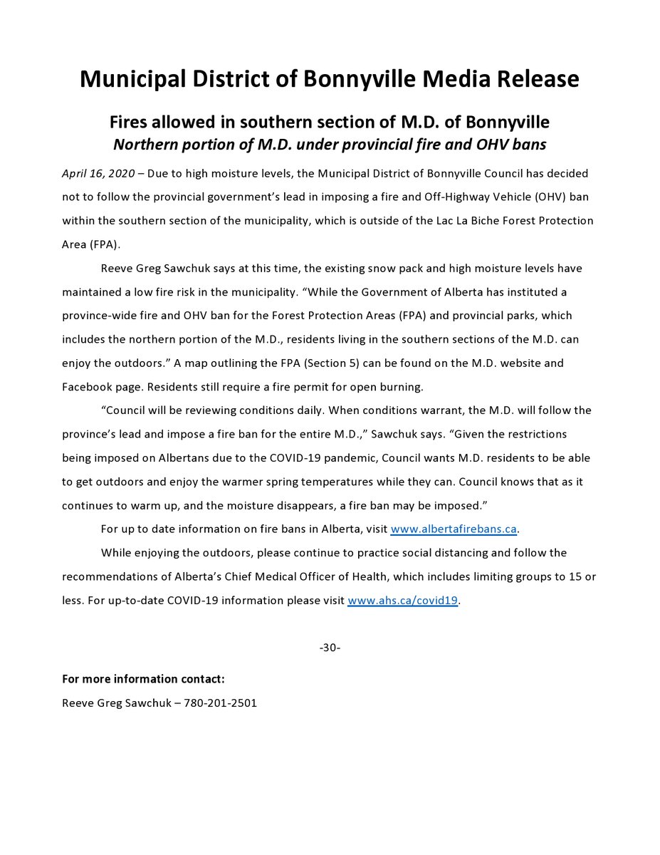 Latest from <a href="/MDBville/">Municipal District of Bonnyville</a> regarding fire bans