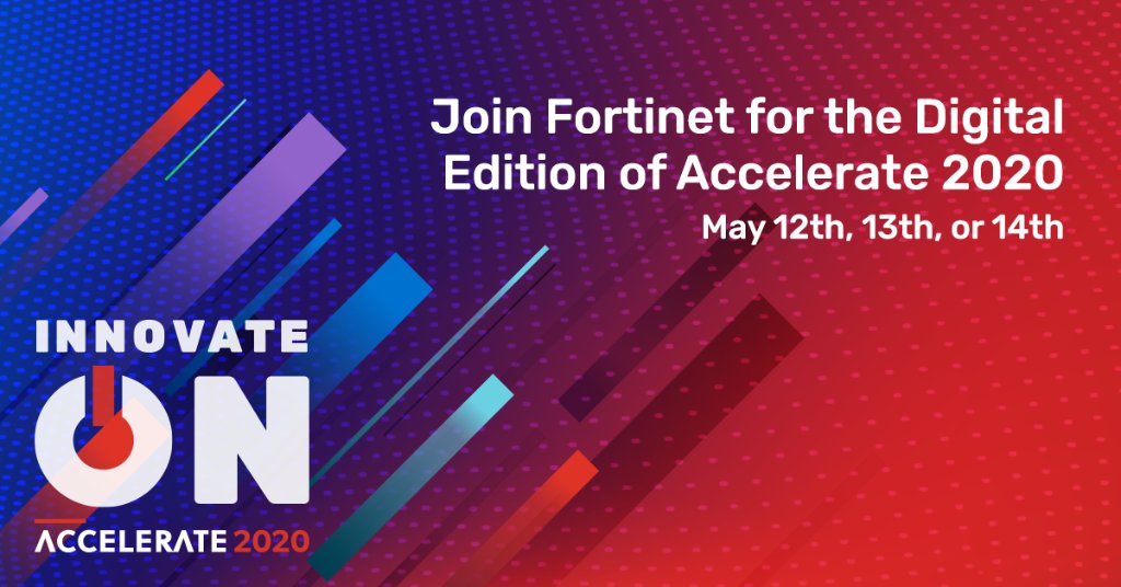 MaddisonJohn's tweet photo. Join Fortinet on May 12th, 13th, or 14th for the digital edition of #Accelerate20. We will hold three online events for customers and partners from across the globe.
https://t.co/5xJKLZpEOc https://t.co/mZQ8RYrtxW