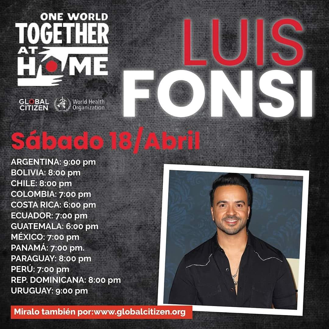 Mañana no te pierdas a #LuisFonsi en este evento histórico 🙏🎵 #OneWorldTogetherAtHome junto a grandes artistas 💗 

🕗21 hs. 🇦🇷 por <a href="/tntlatam/">Tntlatam</a> 

También se puede ver en simultaneo en redes sociales de <a href="/GlblCtzn/">Global Citizen ⭕</a> 
<a href="/Fonsisangels/">Fonsi's Angels Arg</a> 👼