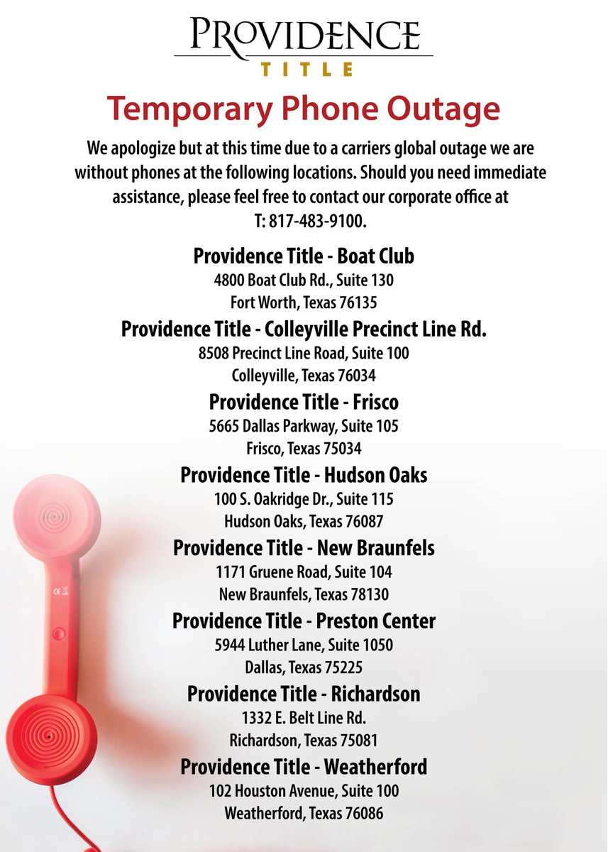 providencetitle's tweet photo. TEMPORARY PHONE OUTAGE!

Should you need immediate assistance, please feel free to contact our corporate office at T: 817-483-9100. https://t.co/K0pMRr40HI
