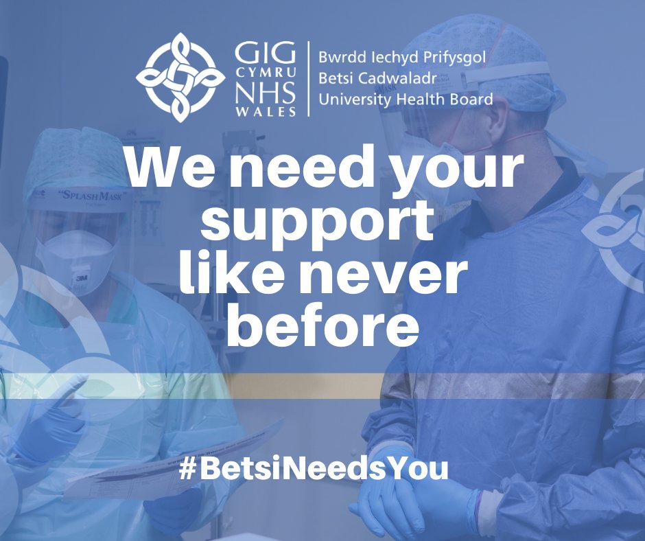 📢We need your support like never before. 

If you have training and experience as a Doctor, Nurse or Therapist, we have a range of full-time, temporary, flexible and bank worker roles all available with immediate starts. 

Apply today: bcuhb.nhs.wales/betsineedsyou/

#BetsiNeedsYou