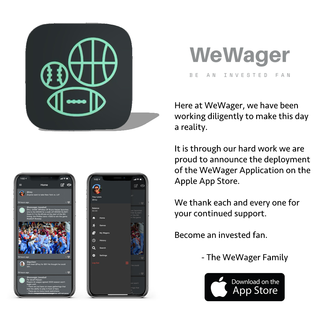 we_wager's tweet photo. IT'S HERE!!! The day we have all been waiting for, the app is LIVE. Say goodbye to your bookie and hello to your friends on WeWager!
Be an #InvestedFan and download now on the App Store and https://t.co/JSXzfYNPDU https://t.co/BLSKli9SZx