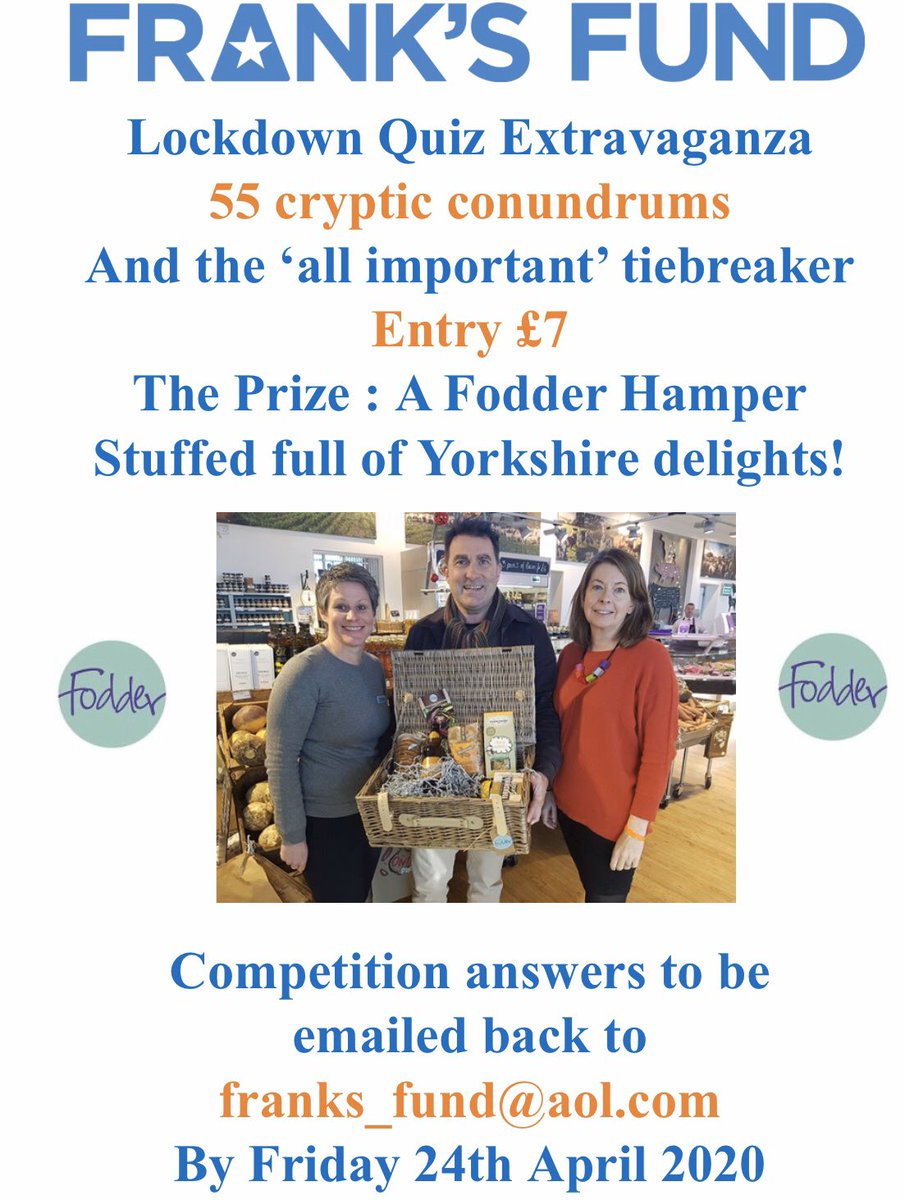 LOCKDOWN QUIZ EXTRAVAGANZA! 
Small charities are struggling at the moment, <a href="/frank_fund/">Frank’s Fund</a> &amp; <a href="/BCRT/">Bone Cancer Research Trust</a> included. We need your help more than ever. Message franks_fund@aol.com or DM for bank details &amp; we’ll email you a quiz. Thanks to <a href="/FodderHarrogate/">Fodder - Great Yorkshire Food Hall</a> for donating hamper.
#FabulousFrank