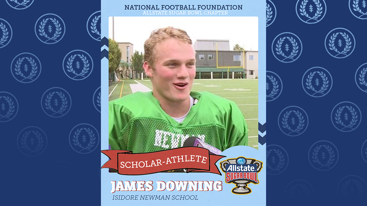SugarBowlNola's tweet photo. The next #SugarBowl/NFF Scholar Athlete is James Downing. Honor Committee; 3-yr starter; all district; team captain; led team in tackles and sacks as a junior; also played lacrosse; president of Etiquette Club; gender equality club; peer leader. https://t.co/xe9nLudunV https://t.co/jrl3VbJEqv