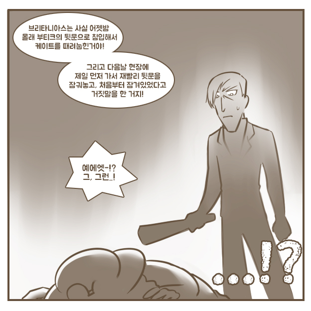 8권 이야기 – 3챕터
증인의 이야기를 들은 셜로씨가 상상하는 범행당시의 모습. 이 컷은 전형적인 추리만화의 클리셰를 떠올리며 섬뜩한 느낌을 주도록 연출했습니다. 셜로씨의 추리도 꽤 설득력이 있어 보였지요?