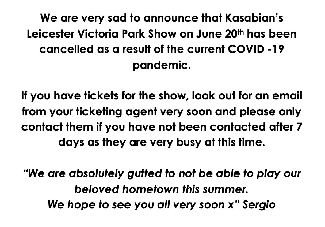 KasabianHQ's tweet photo. We are very sad to announce that Kasabian’s Leicester Victoria Park Show on June 20th has been cancelled as a result of the current COVID -19 pandemic. https://t.co/4kCrryyKJY