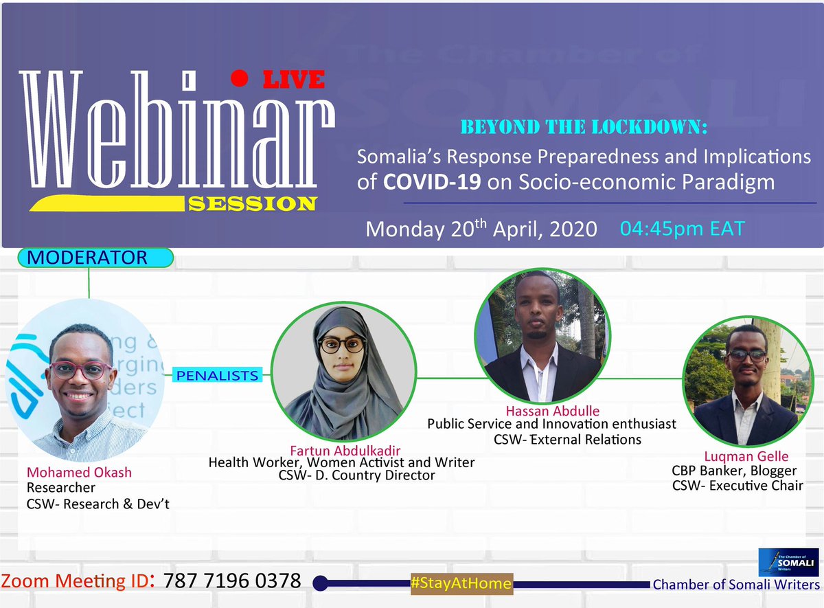 ChamberSomali's tweet photo. @ChamberSomali will host a virtual Webinar Session, taking place on 20th April 4:45pm in the light of Somalia’s response preparedness and Implications of COVID-19 on socio-economic paradigm. Add the dates back into your diaries and stay tuned
#StayAtHome

https://t.co/WlPMiW7Bti https://t.co/ufsZ0vJK0S