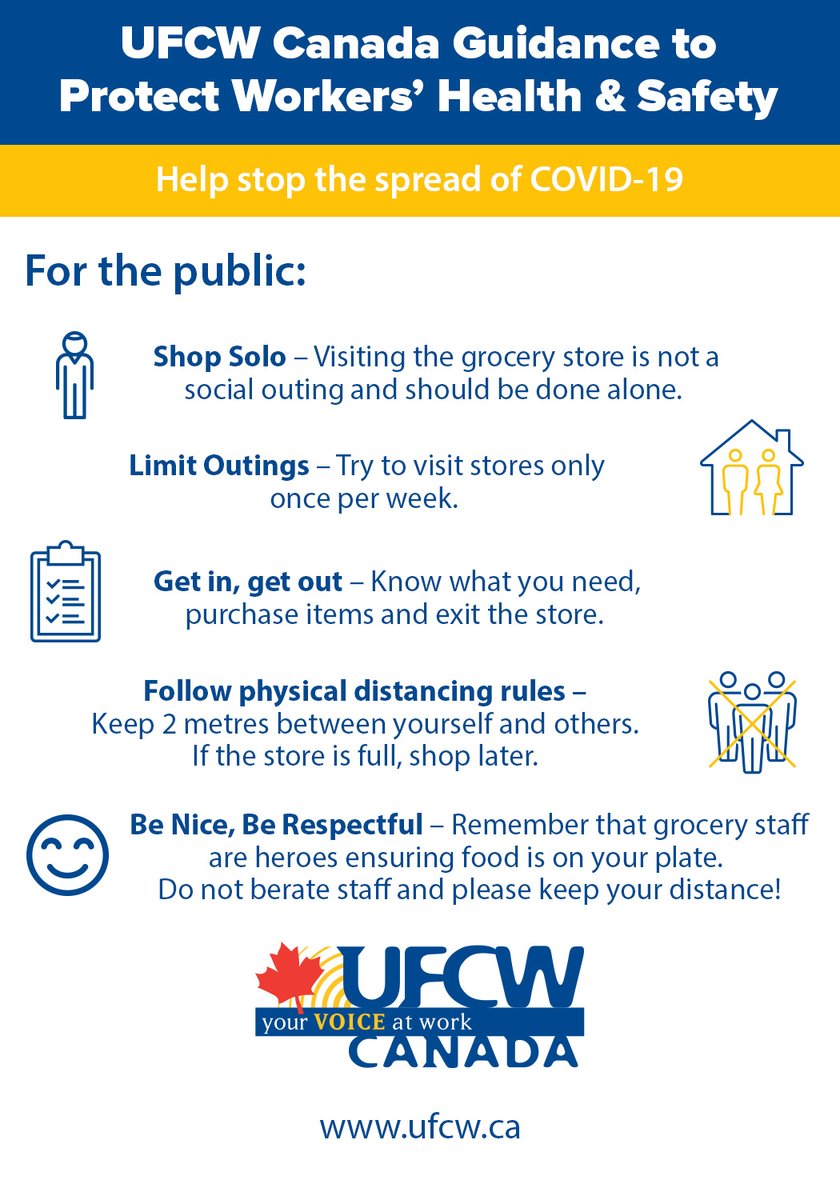 ETFOeducators's tweet photo. Before you visit your local grocery store here are 5 important #COVID19 reminders to help protect workers and yourself. Thanks @UFCWCanada for the tips https://t.co/mUme9rRAF1 #onted #HealthyAtHome https://t.co/U937T5jSoV