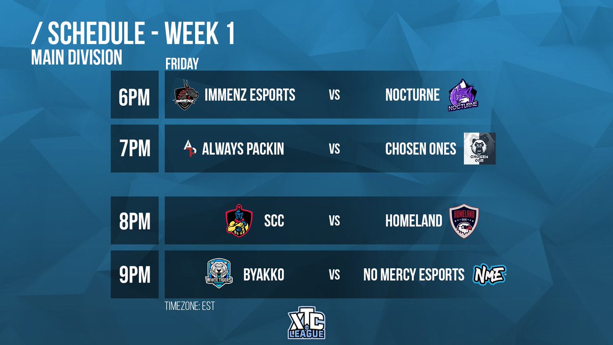 These are the first games of the Main Division!

<a href="/ImmenZEsports/">Immenz Esports</a> VS #Nocturne 
#AlwaysPakin VS @C1_eSports 
<a href="/SpartanClanComp/">Spartan Clan Competitive</a> VS <a href="/HomelandEsports/">Homeland Esports</a> 
@WTEsportsR6 VS @wearethenme 

You can watch these banging games here:
twitch.tv/xtcleague

Good luck to all teams!