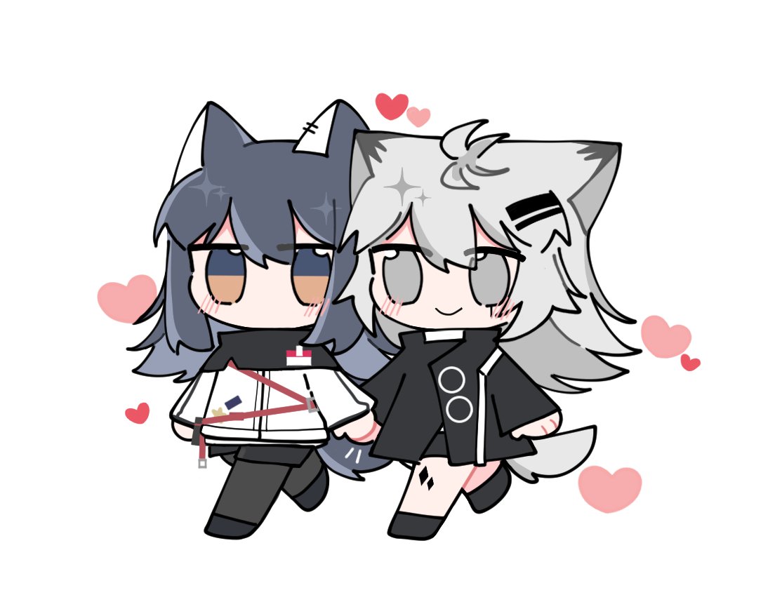 lappland (arknights) ,texas (arknights) multiple girls 2girls animal ears tail jacket chibi grey hair  illustration images