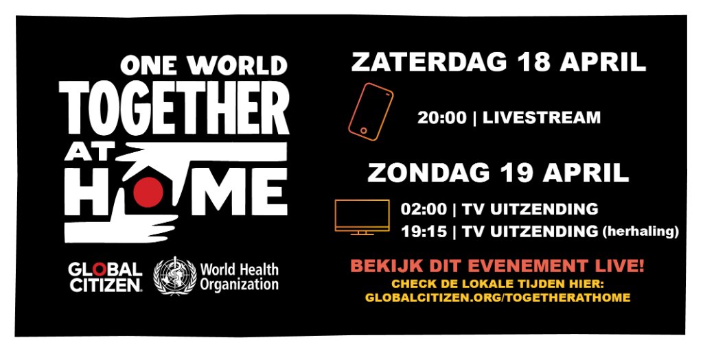 We hebben de handen ineen geslagen met @glblctzn voor One World: #TogetherAtHome.

Kijk dit weekend naar optredens van de beste artiesten &amp; comedians en gesprekken met wereldgezondheidsexperts om <a href="/WHO/">World Health Organization (WHO)</a> te steunen in de strijd tegen #COVID19. ➡️ glblctzn.me/OneWorldTAH