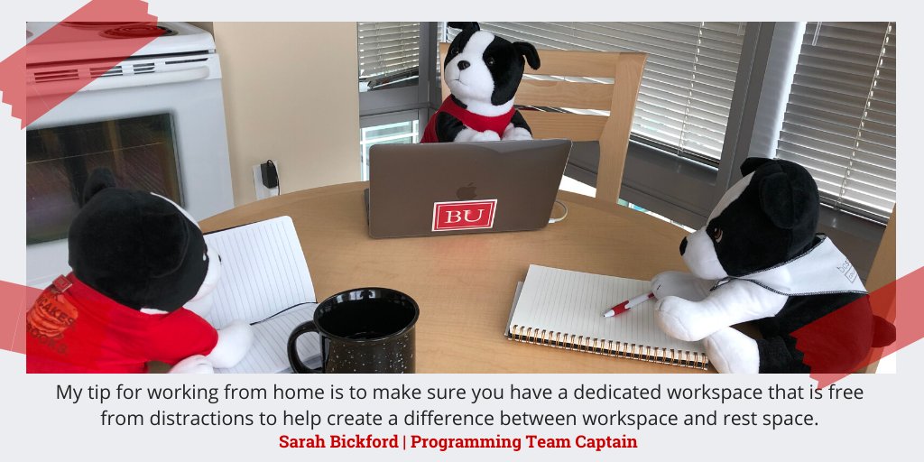 CCDERC_SA's tweet photo. Happy Friday! Here is another Student Ambassador tip on online learning and how best to work from home, from our very own Sarah Bickford! #StudentAmbassadorTips #TipOfTheDay  @BU_CCD https://t.co/D3UpYTYz84