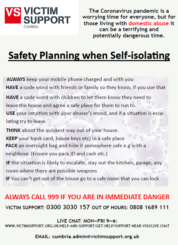 The Coronavirus pandemic is a worrying time for everyone, but for those living with domestic abuse it can be a terrifying and potentially dangerous time.
See the poster below for safety planning when self-isolating.
<a href="/VictimSupport/">Victim Support</a> 
#DomesticViolence 
#Coronavirus 
#TogetherWeCan