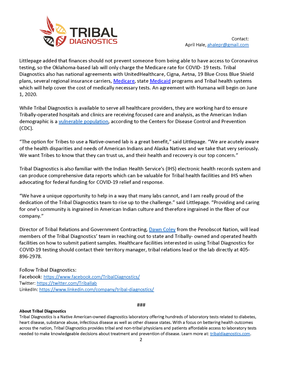 Triballab's tweet photo. Tribal Diagnostics will start accepting #COVID19 tests from #IHS, Tribal &amp; urban Indian facilities. Learn more here: https://t.co/BOQKj5LF9q. #tribalhealth #Nativehealth #Nativeownedlab #triballab https://t.co/I2kKdW4CzC