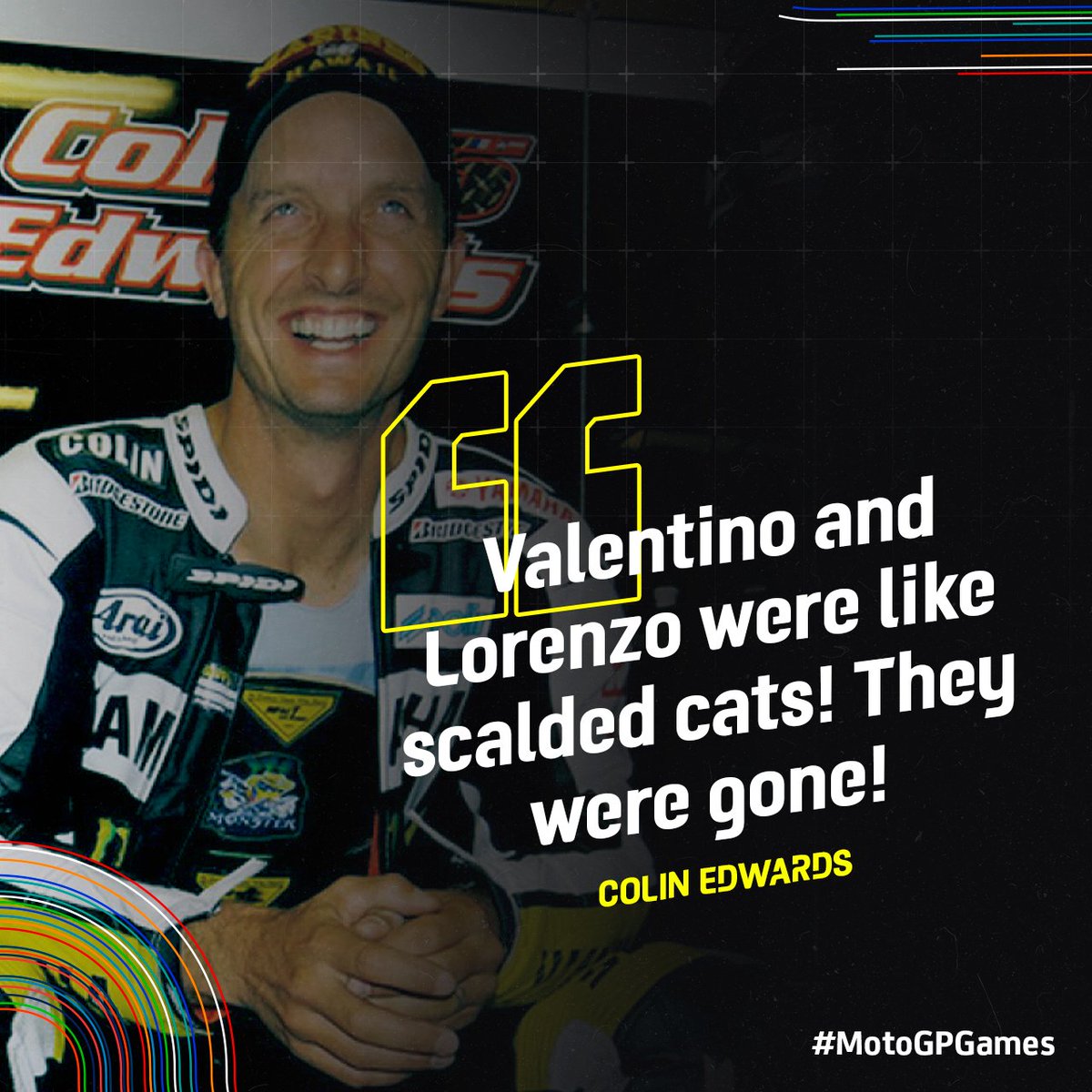 MotoGP's tweet photo. Chasing the tails of the Factory @YamahaMotoGP riders at the 2009 #GermanGP 🇩🇪

The @texastornado5 made the "scalded cats" statement about @ValeYellow46 and @lorenzo99 after seeing their red hot pace 🔥

#MotoGPGames https://t.co/KvzTvyhaGC