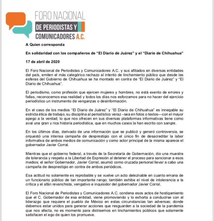 SoyGilReyes's tweet photo. Posicionamiento enérgico del @ForoNacionalPyC sobre la situación que viven compañeros periodistas en Chihuahua de dos diarios por una campaña de desprestigio donde señalan al gobernador Javier Corral como el orquestador... #YaBasta https://t.co/EOQ06f0gxX